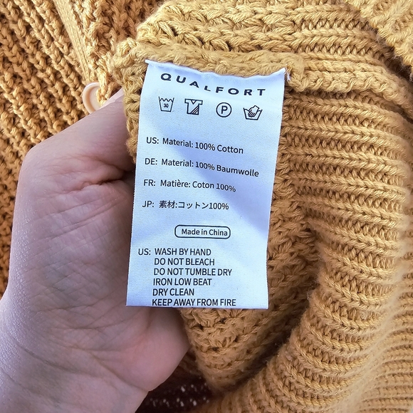QUALFORT Oversized Mustard Cardigan M Cotton Grandpa Chunky Knit Sweater Jacket - Picture 10 of 14